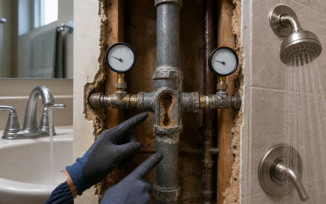 Two pressure gauges checking a restricted galvanized supply tee while a sink and shower run together
